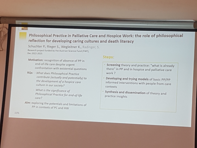 Präsentationsfolien von Mag. Sandra Radinger zum Forschungsprojekt „Philosophische Praxis in Palliative Care und Hospizarbeit“ an der Universität Graz